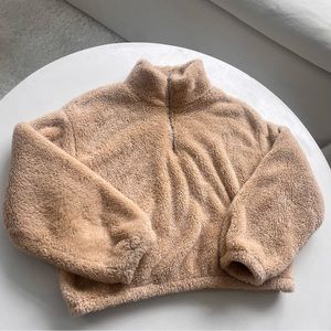 H&M Cropped Quarter Zip Teddy Sweater Size S in Beige